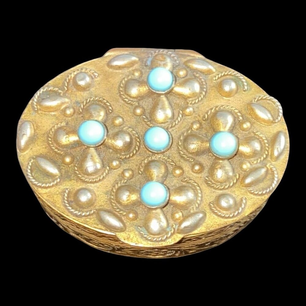 Antique Gold-Tone Brass Trinket Box With Turquoise Accents & Floral Design